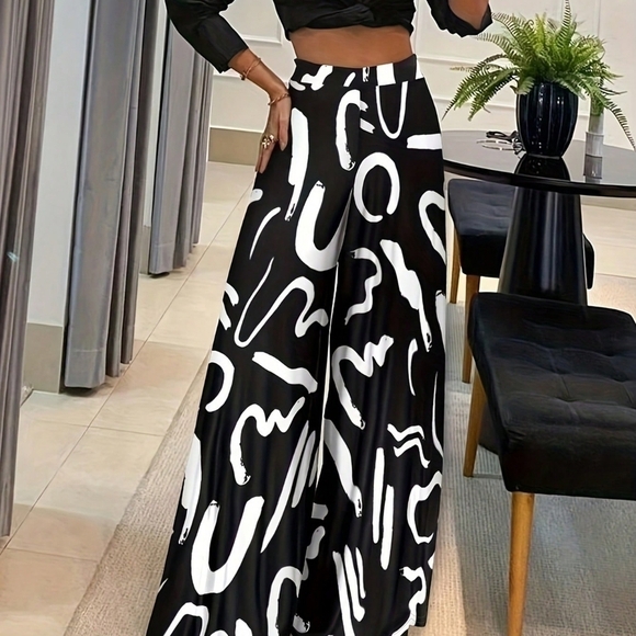 Pants - Geometric Print Loose Wide Leg Fashionable Pants For Women